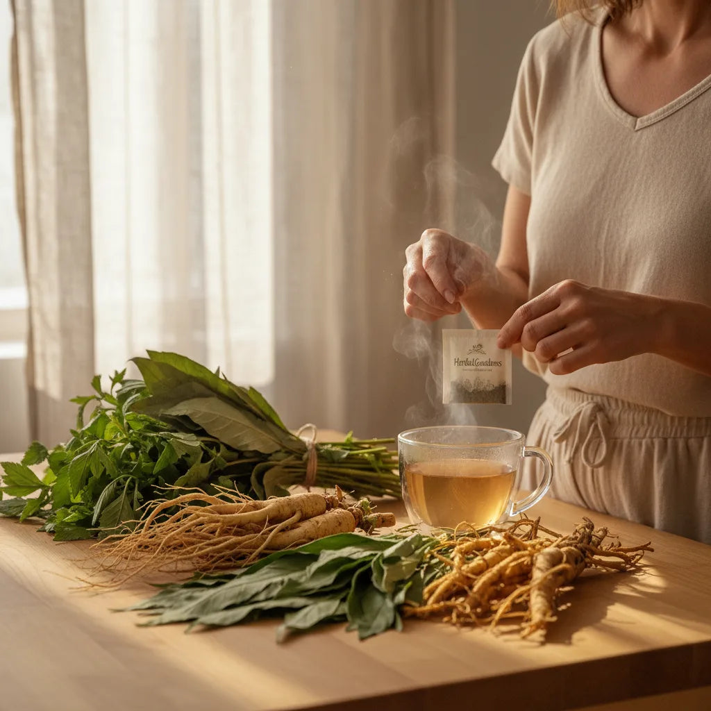 Herbs and tea ritual in morning light