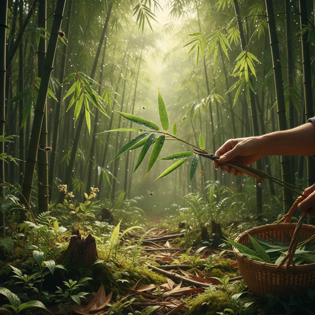 Sustainable bamboo leaf harvest in lush forest