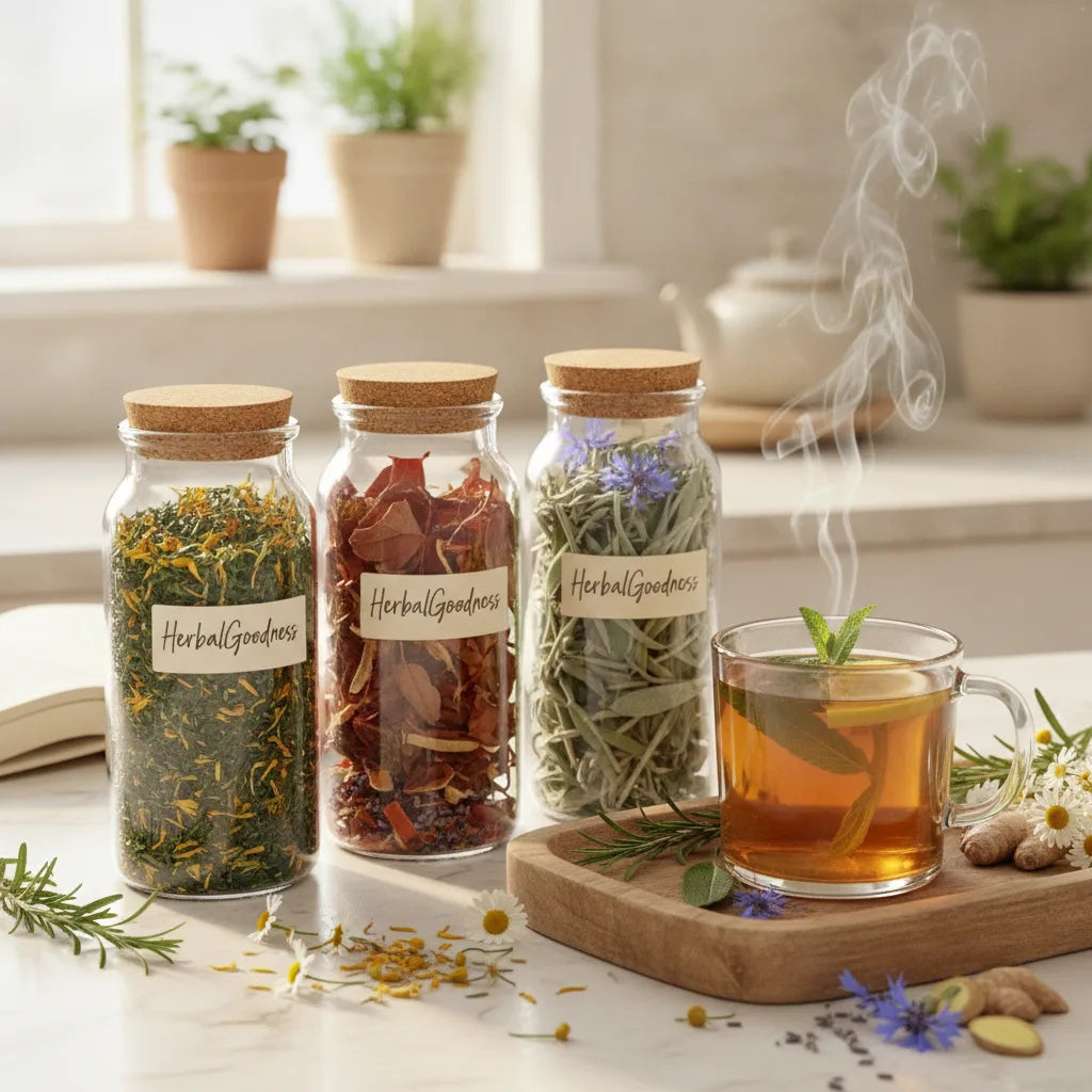 Three custom herbal teas on kitchen counter