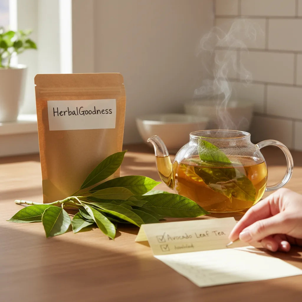Hand checks avocado leaf tea purchase list
