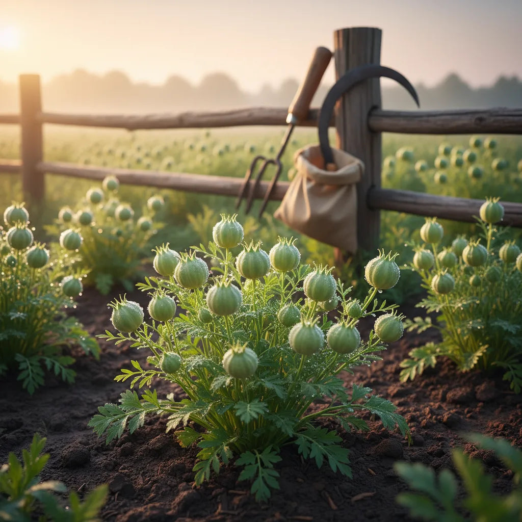Black cumin pods at sunrise on farm