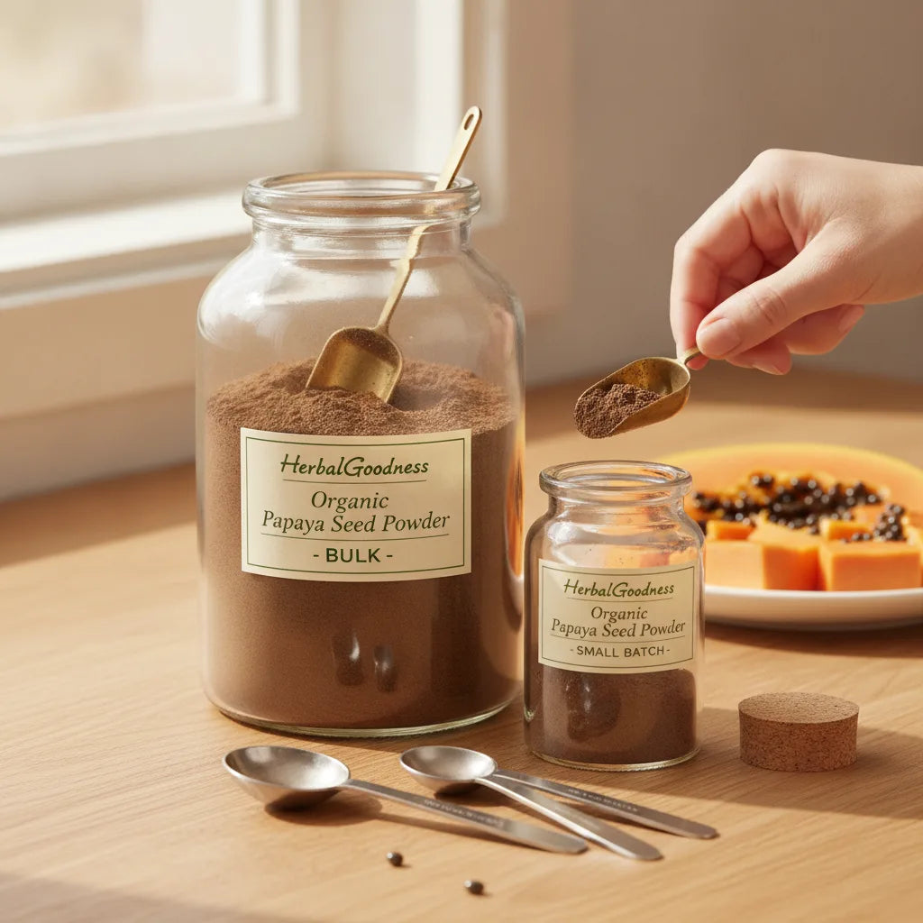 Bulk and small jars of papaya powder