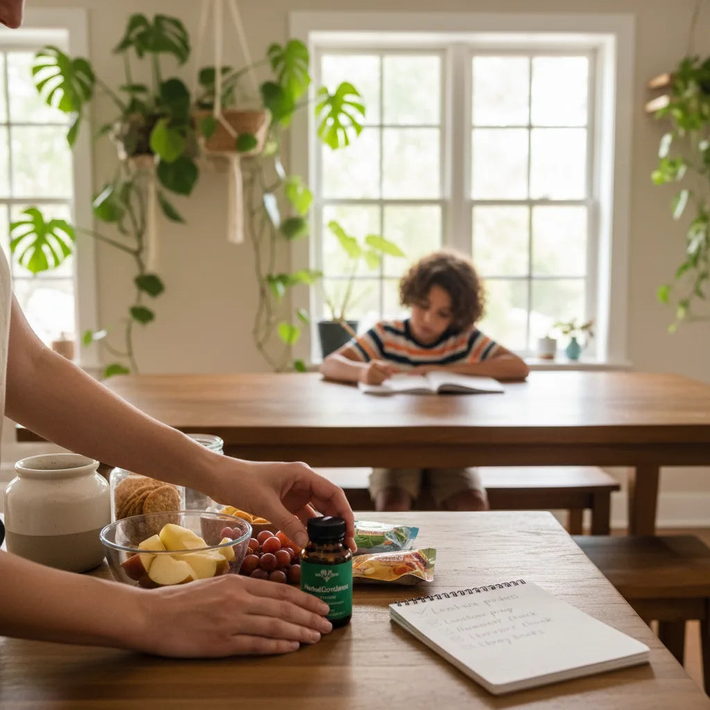 Parent preparing supplements in sunny kitchen scene