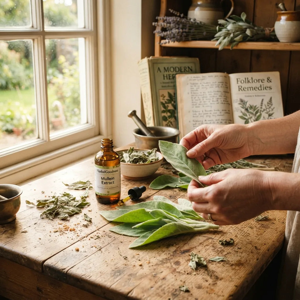 Mullein leaves and extract in rustic kitchen