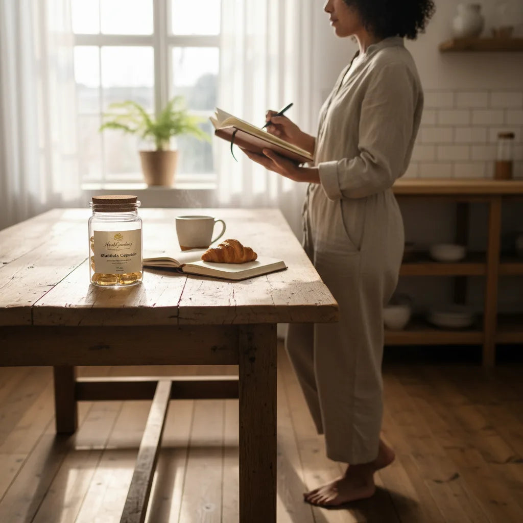 Morning journaling with HerbalGoodness rhodiola capsules