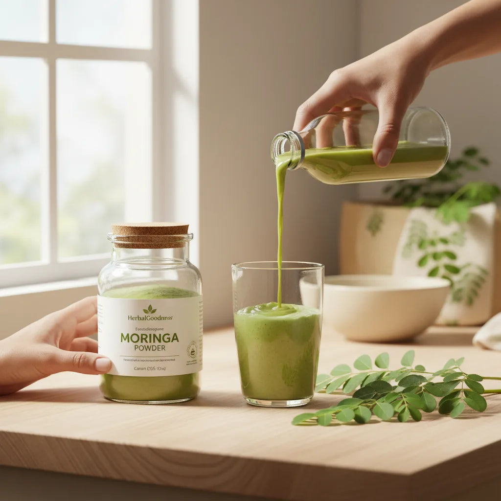 Moringa powder and liquid used in kitchen