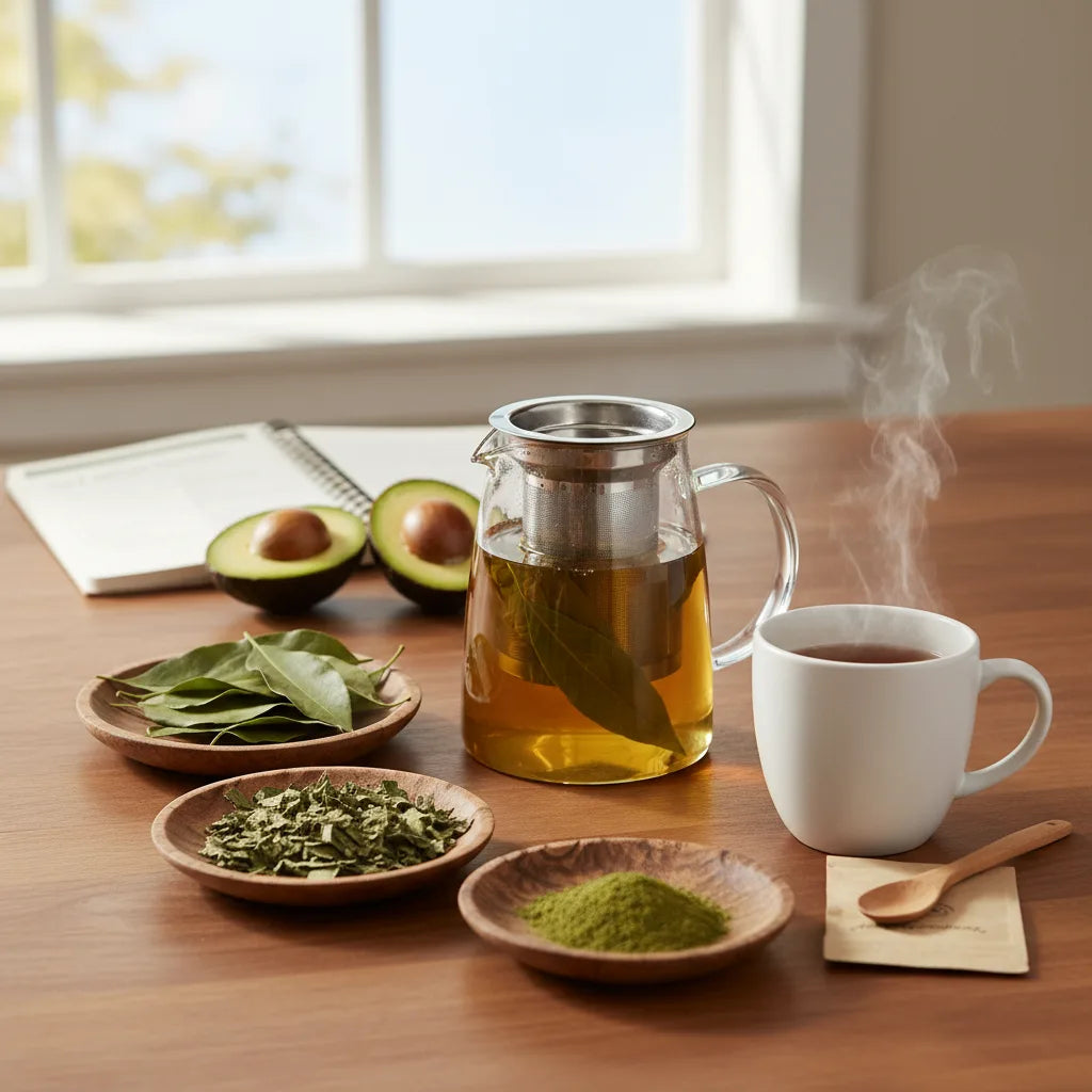 Steeped avocado leaf tea and leaf cuts