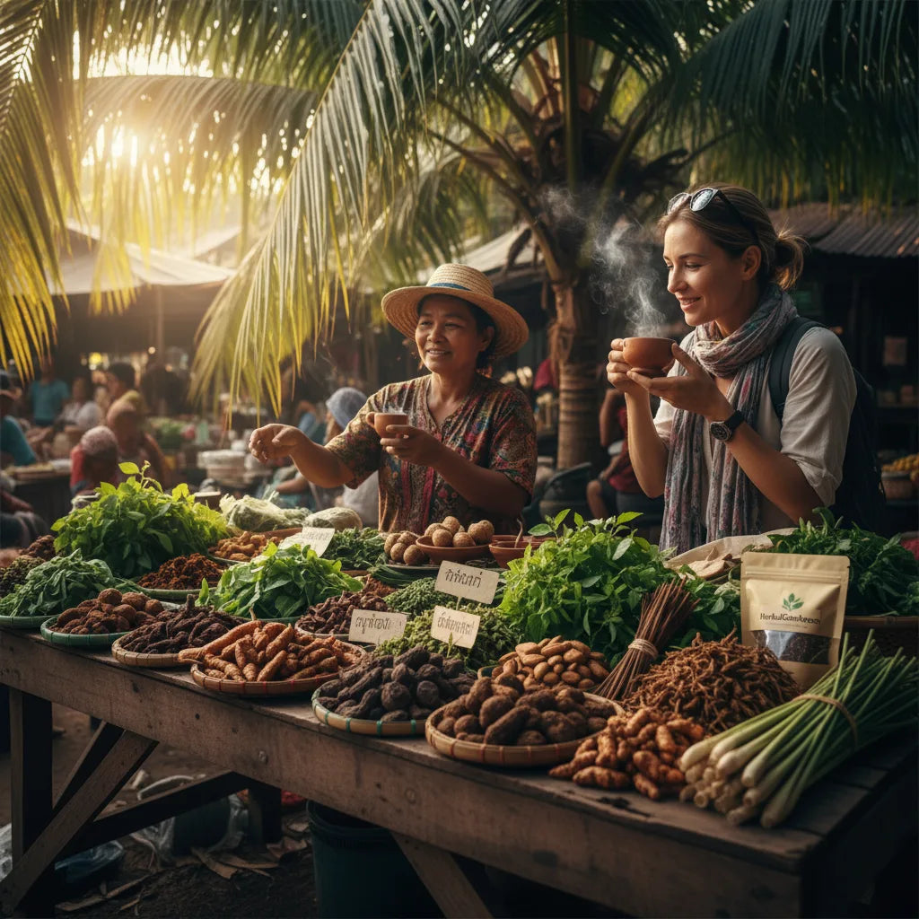 Traveler sampling herbs at cultural market
