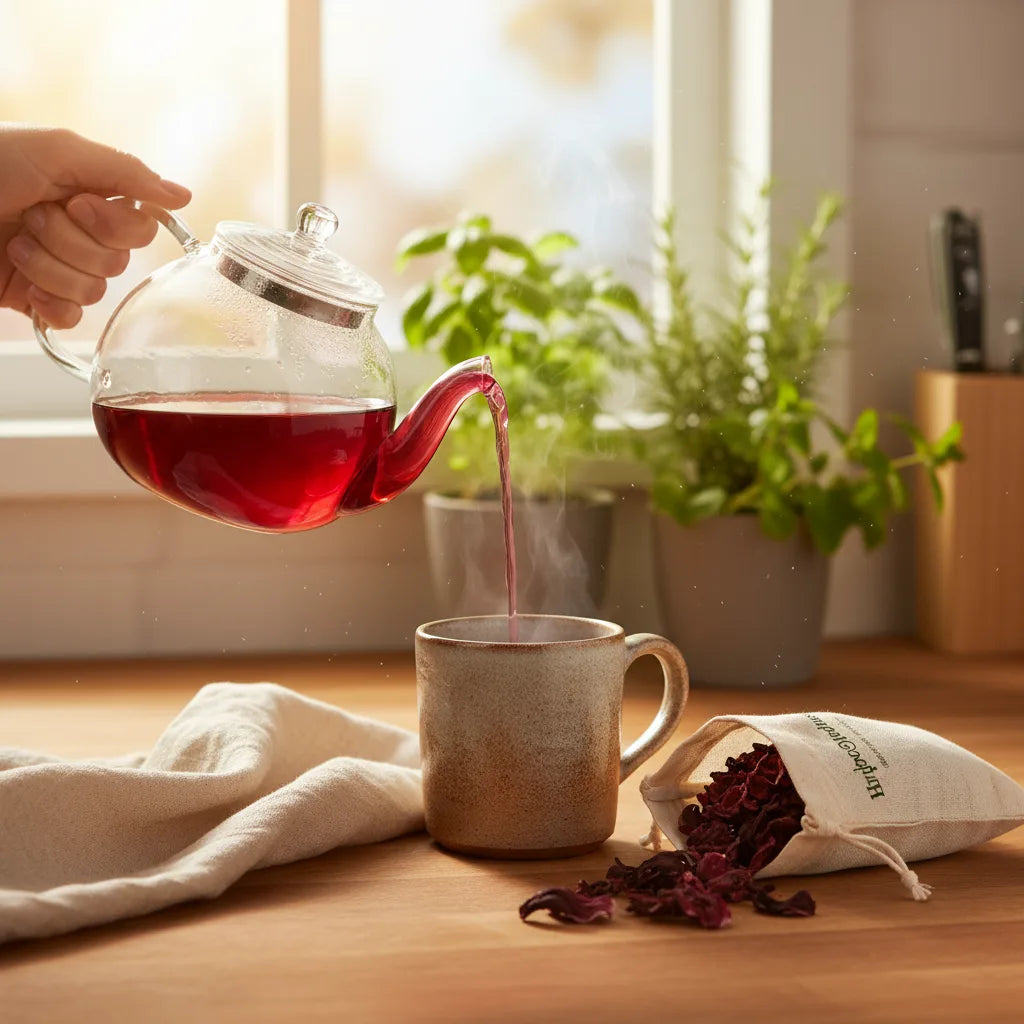 Pouring hibiscus tea in morning kitchen