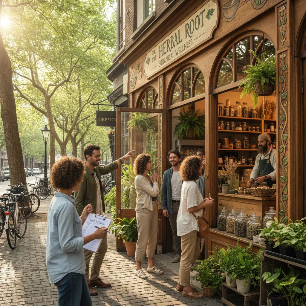 Shoppers entering inviting local herbal store