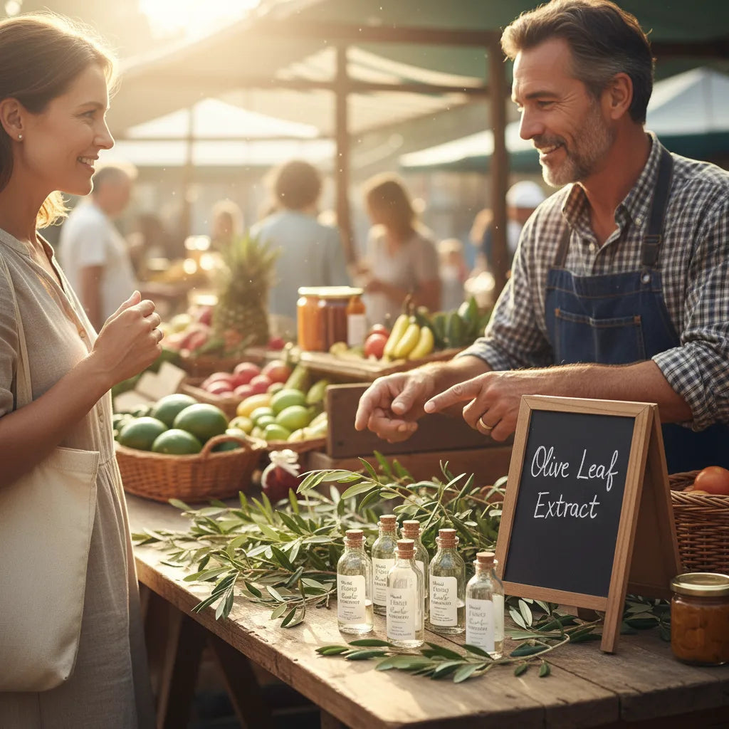 Olive leaf extract at sunny local market