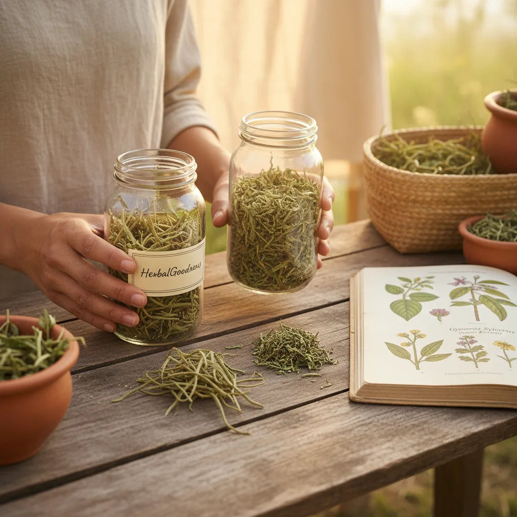 Comparing herbal teas at local market table