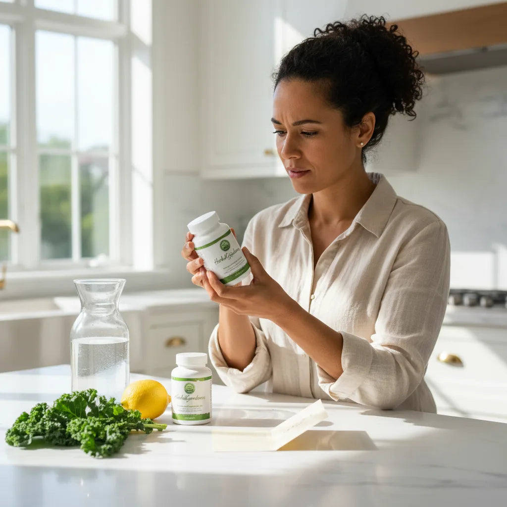Woman examines supplement bottle in kitchen