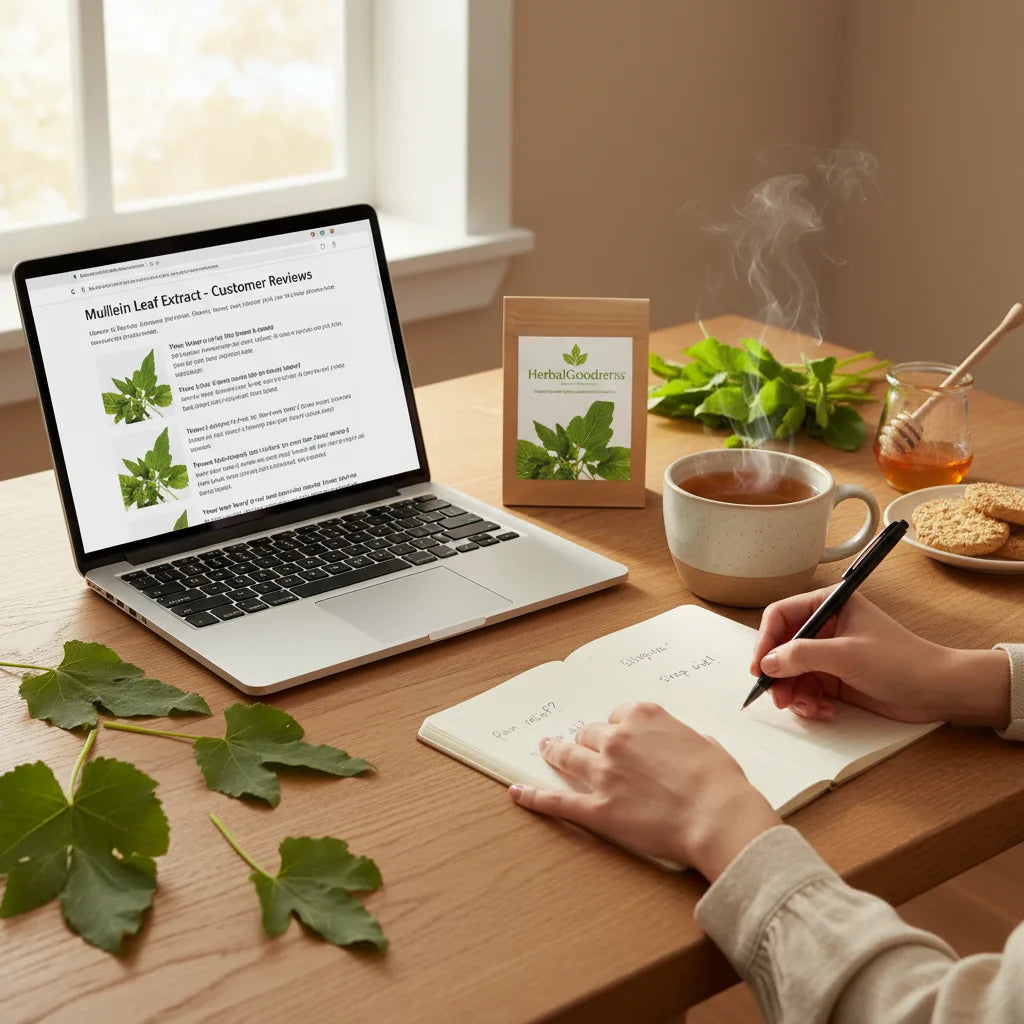 Person reading mullein leaf reviews at home