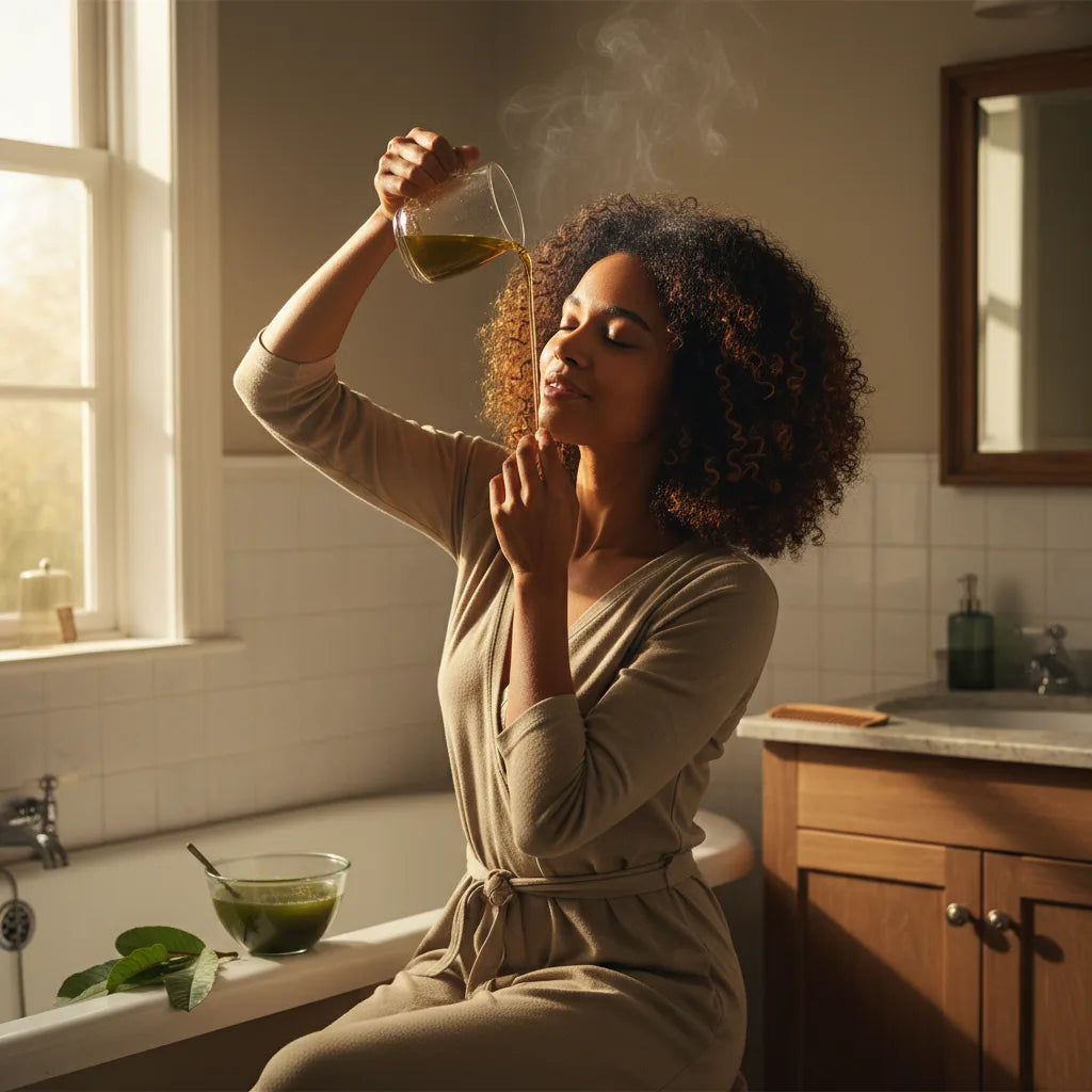 Woman rinses hair with guava leaf extract