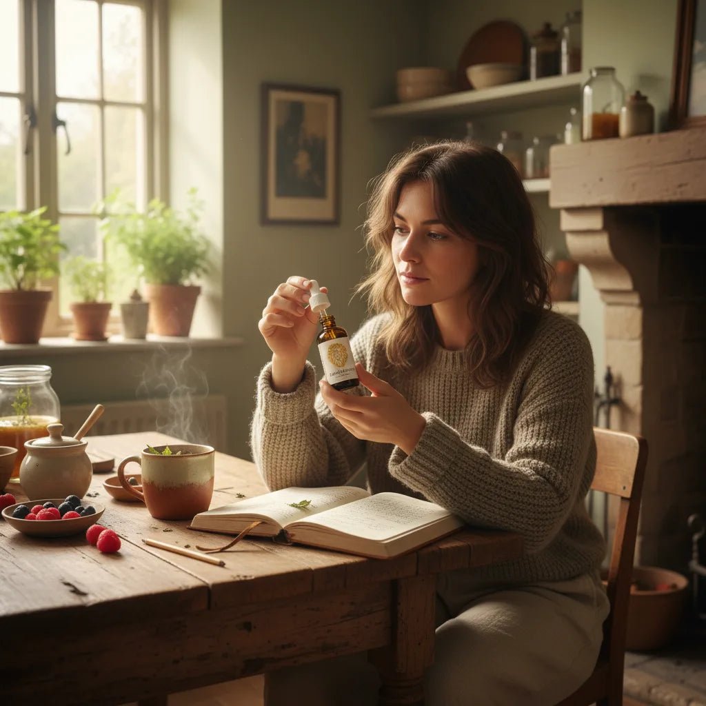 Person evaluates HerbalGoodness drops in sunlight