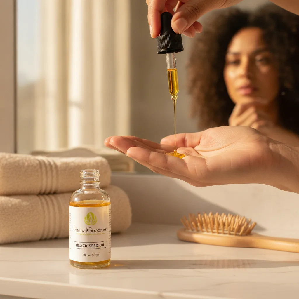 Black seed oil applied in morning routine
