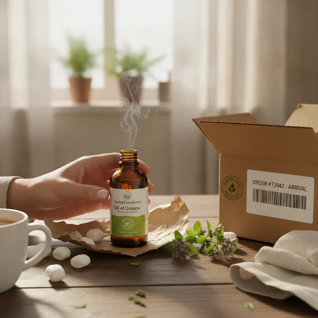 Unboxing oil of oregano for inspection.