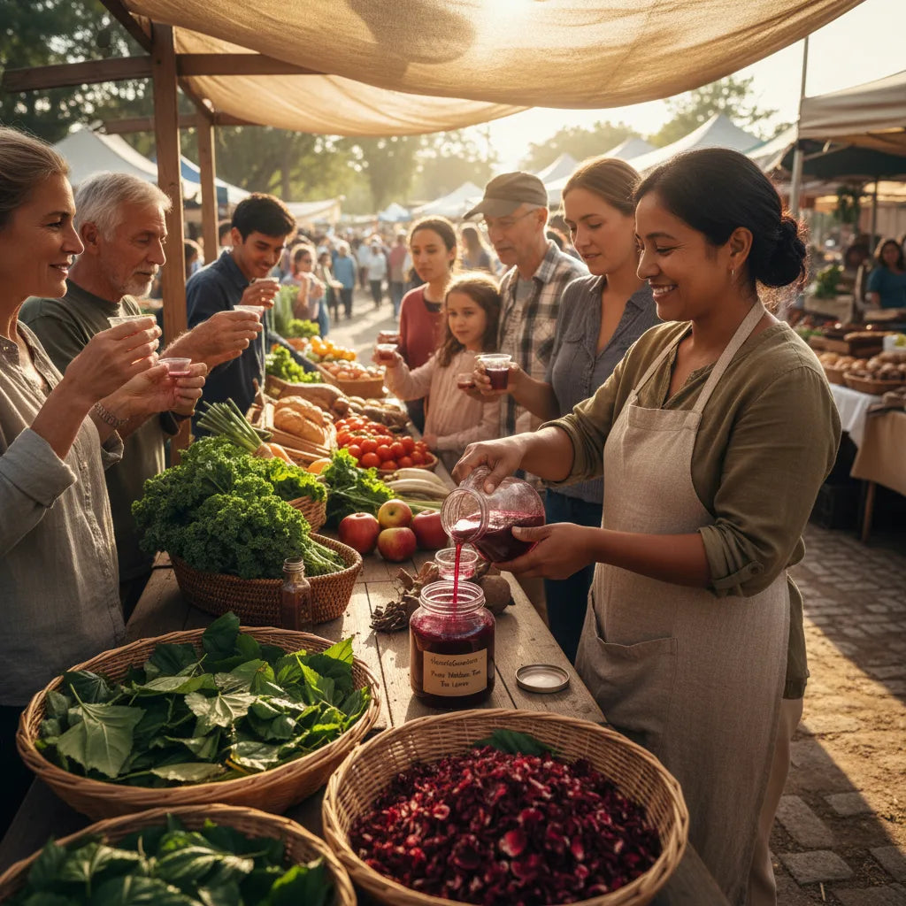 Local market stand offering hibiscus leaf tea