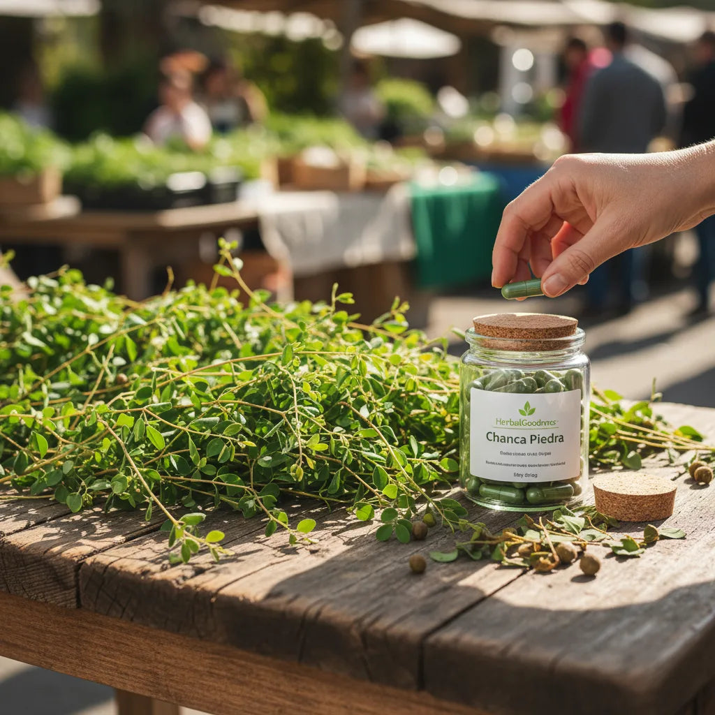 Chanca piedra capsules and herbs on table