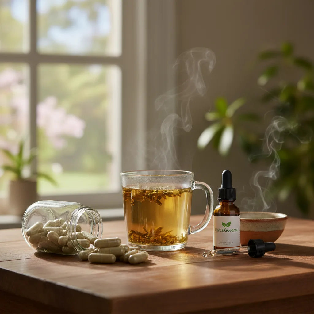 Mullein tea, tincture, steam, and capsules scene