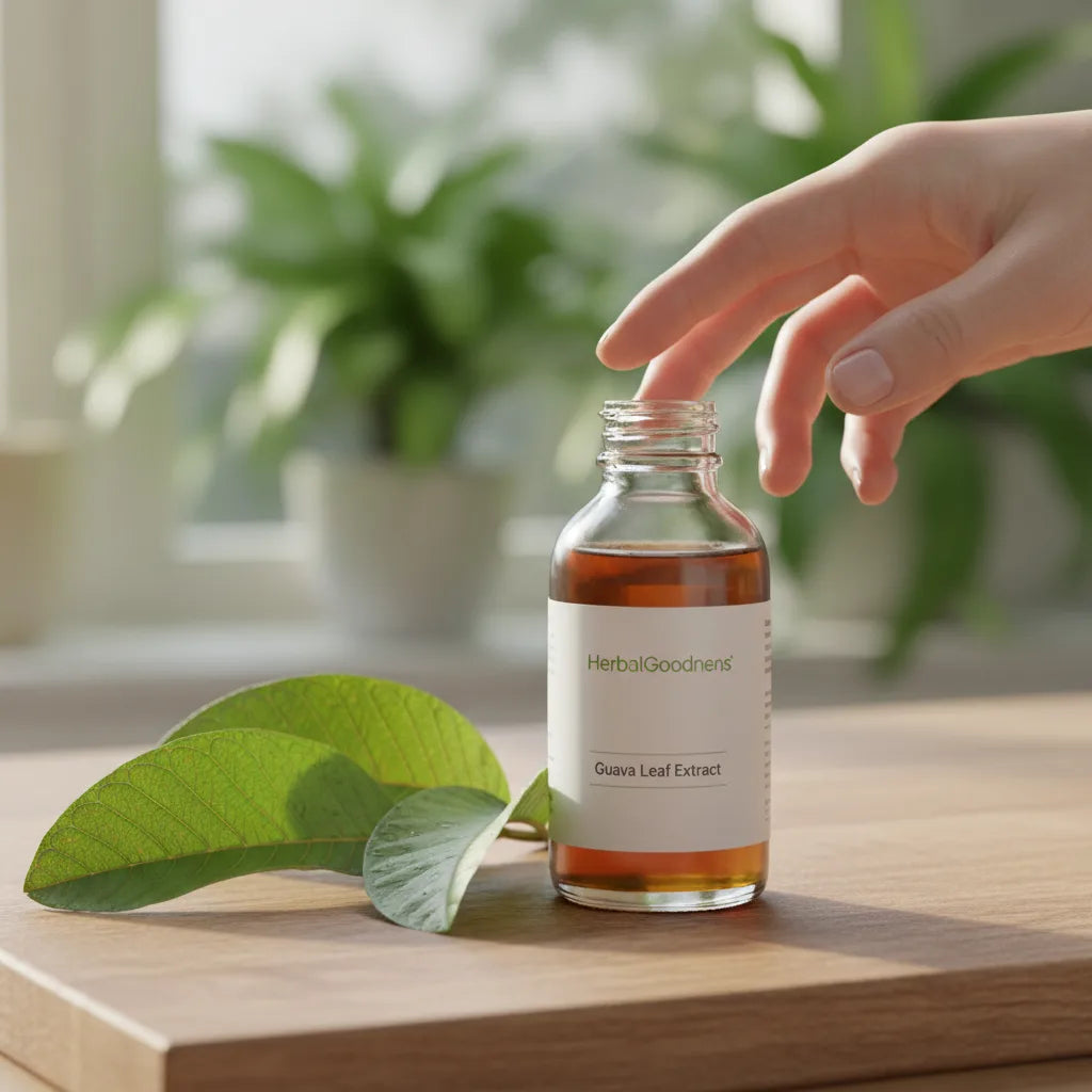 Hand reaching for guava leaf extract bottle