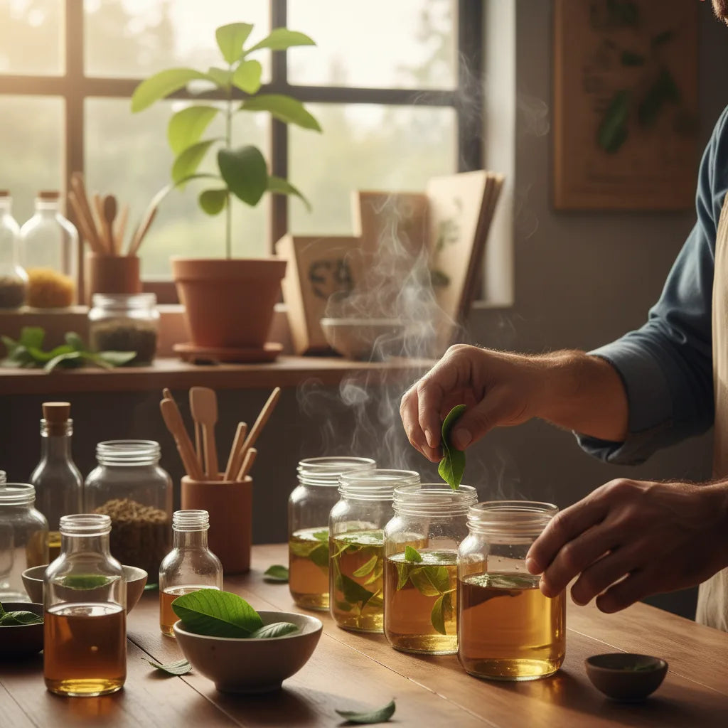 Artisan crafting guava leaf extract by hand