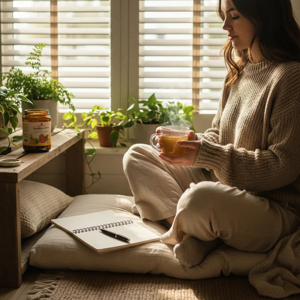 Woman journaling while sipping guava tea