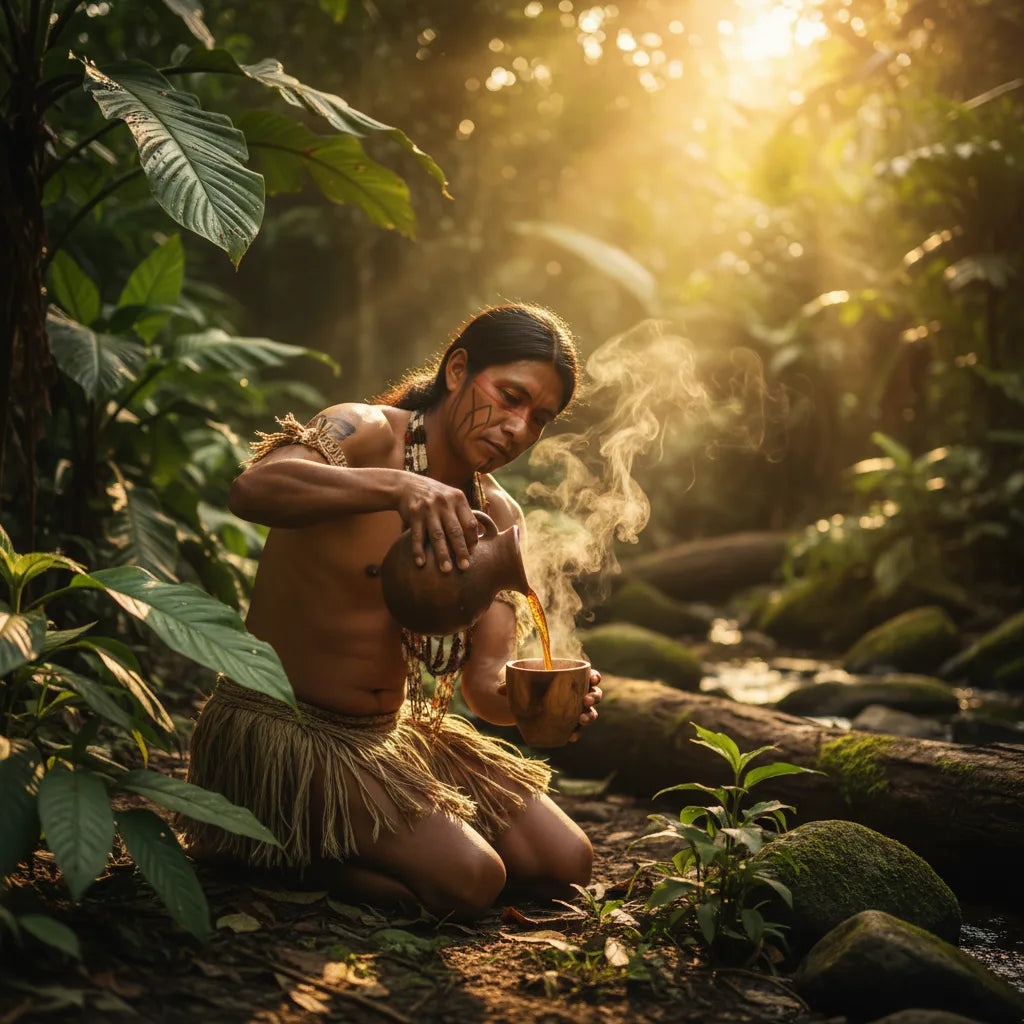 Pouring guayusa tea in Amazonian forest