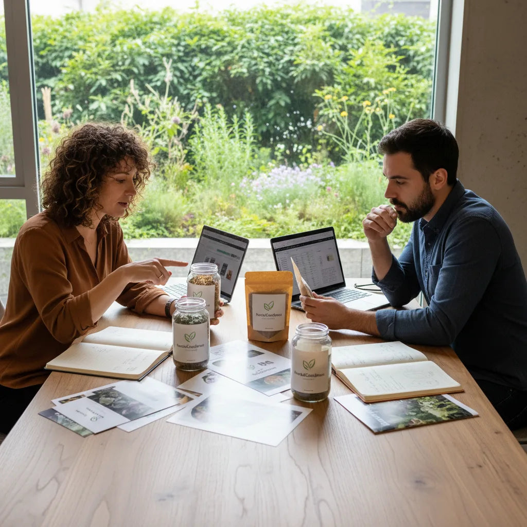 Entrepreneurs reviewing private-label herbal supplement samples