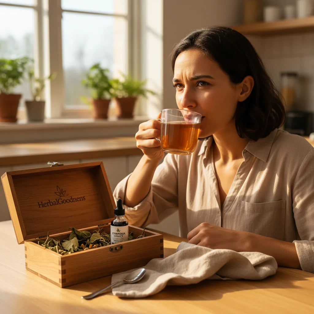 Person sipping gymnema tea mid-morning