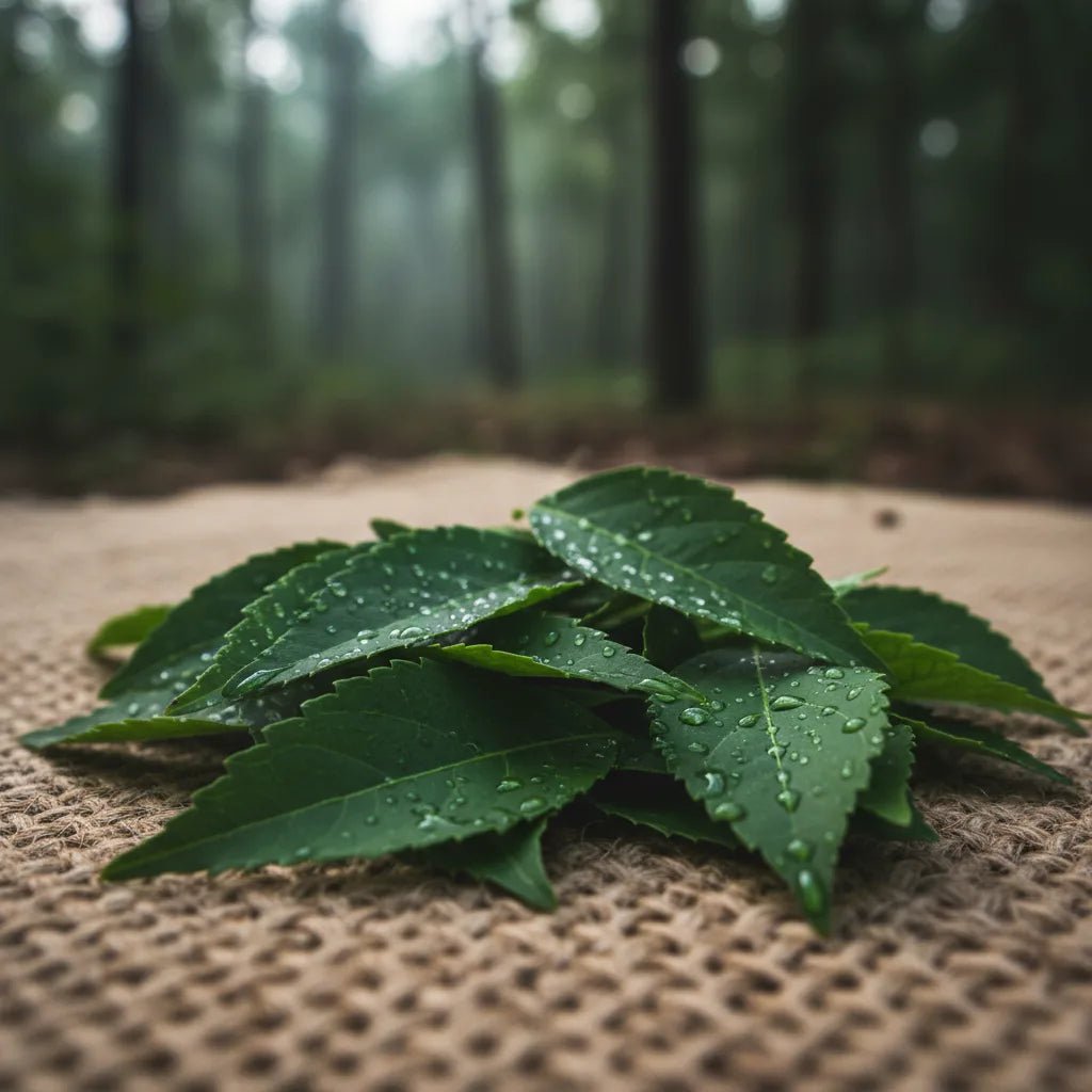 Freshly harvested Gymnema leaves on jute