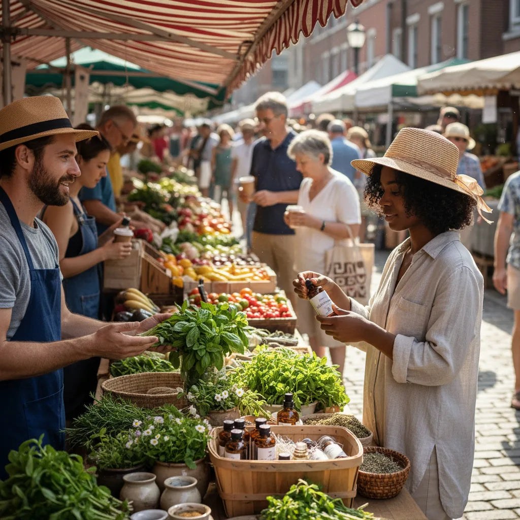 Person discreetly browsing herbal oils at market