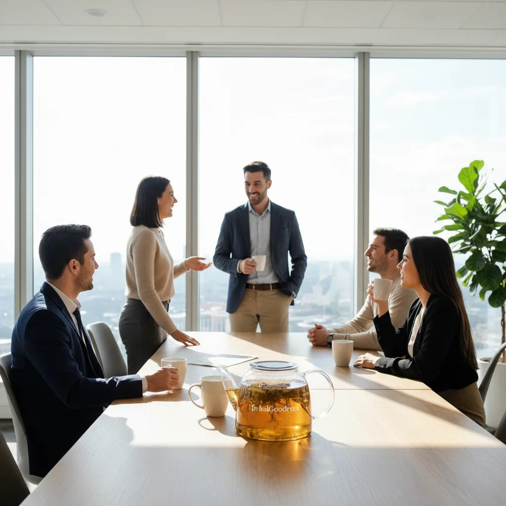 Coworkers sharing mullein tea in office breakroom