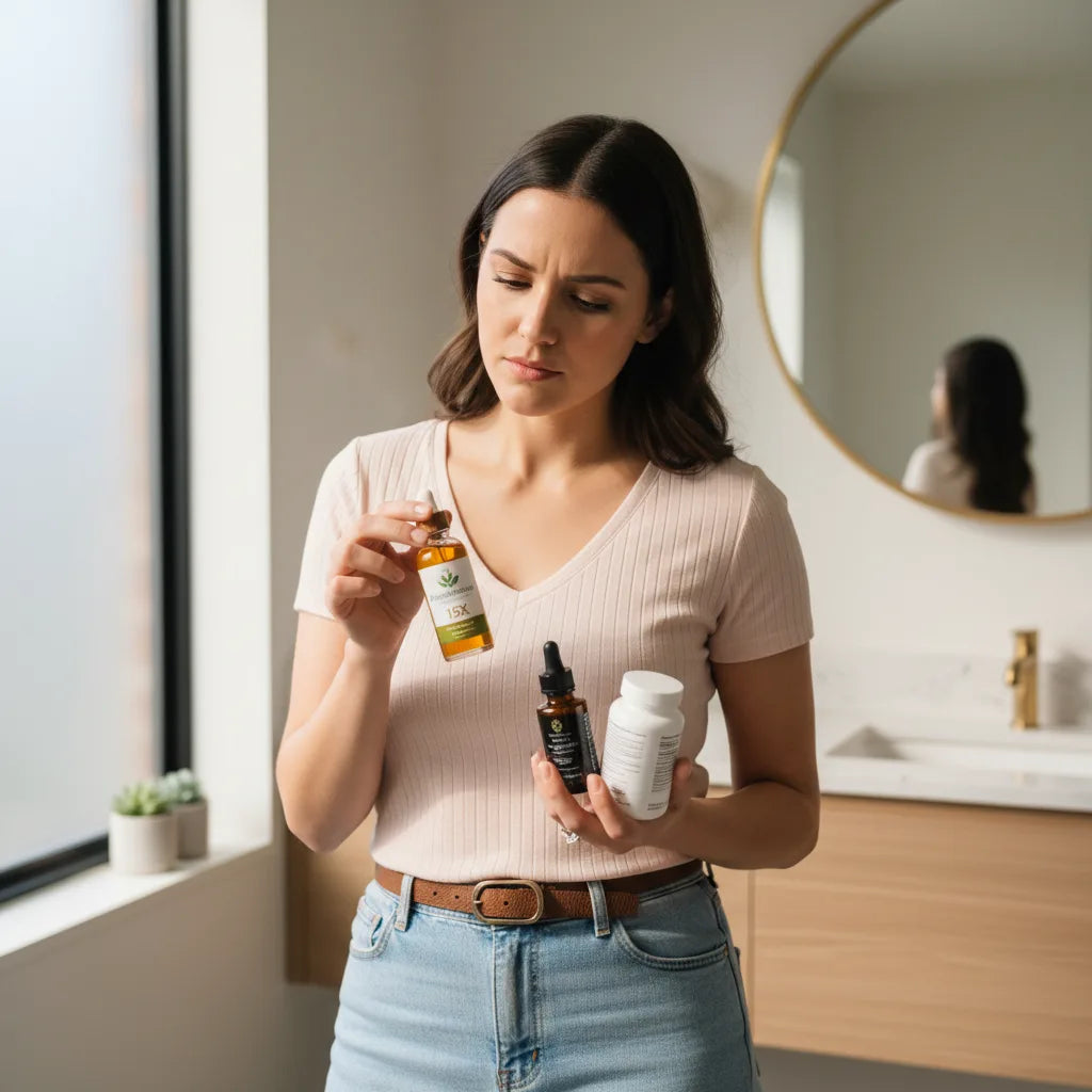 Woman examines extract bottle for label details