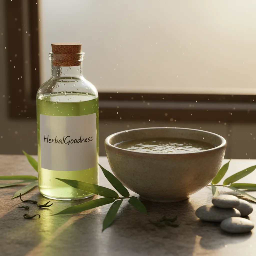 HerbalGoodness rinse and bamboo leaves by window