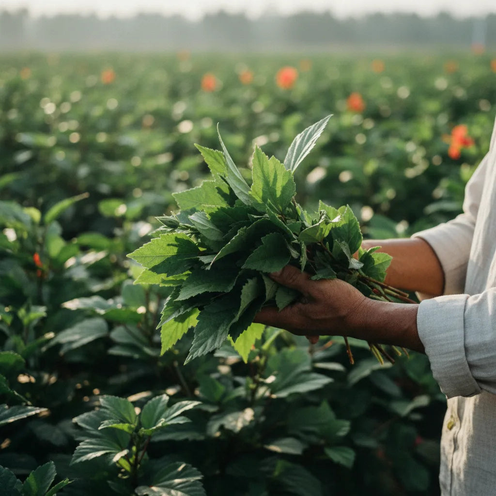 Farmer harvesting fresh hibiscus leaves ethically