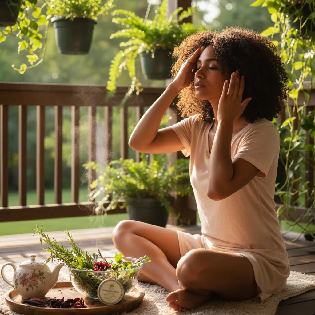 Woman applying herbal oil on porch
