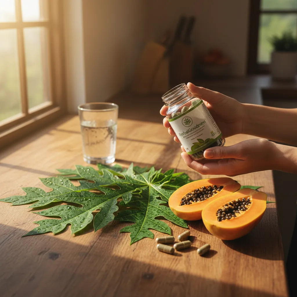 Hands examine papaya leaf supplement bottle