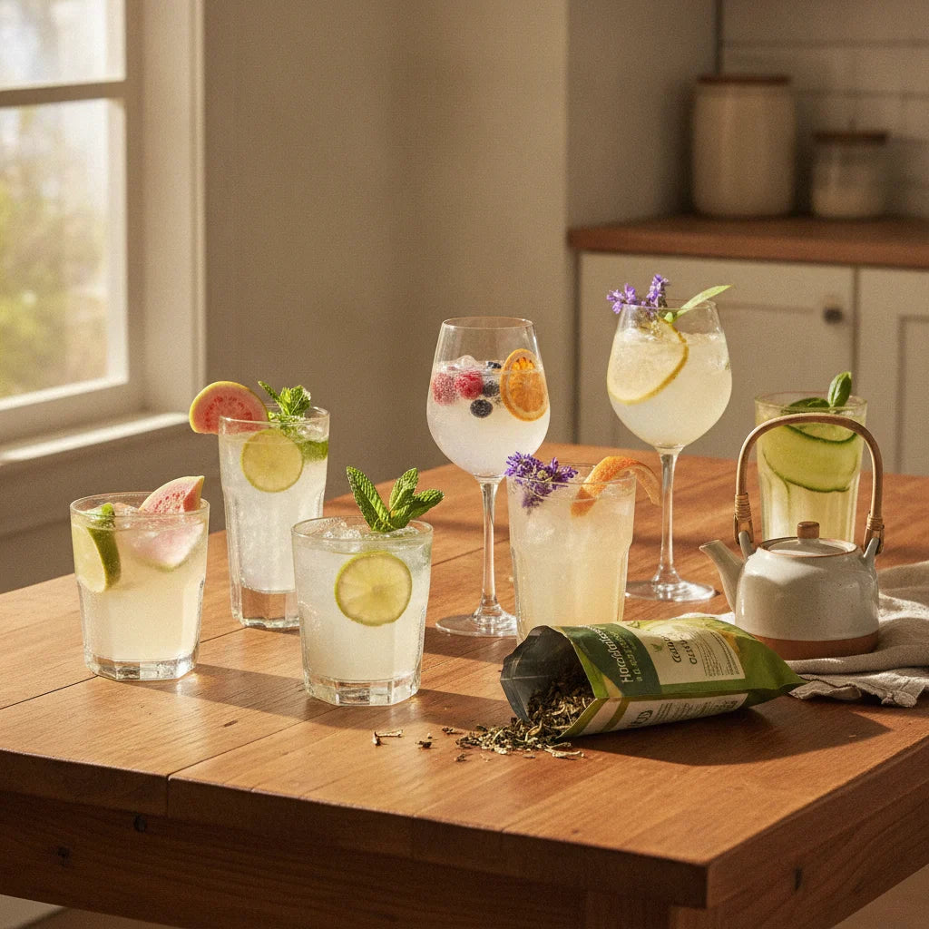 Five vibrant guava leaf tea mocktails displayed