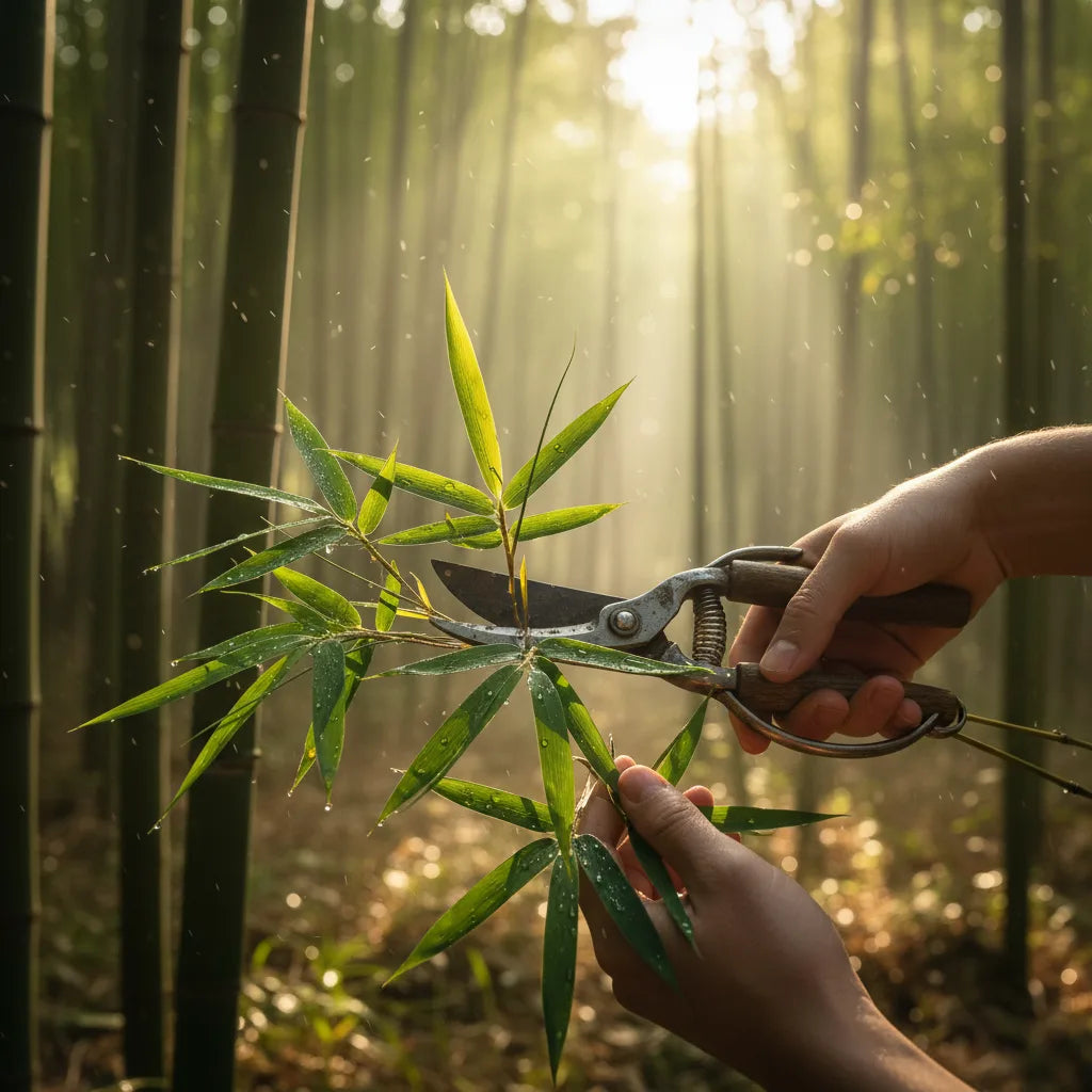 Hands harvesting fresh bamboo leaves outdoors