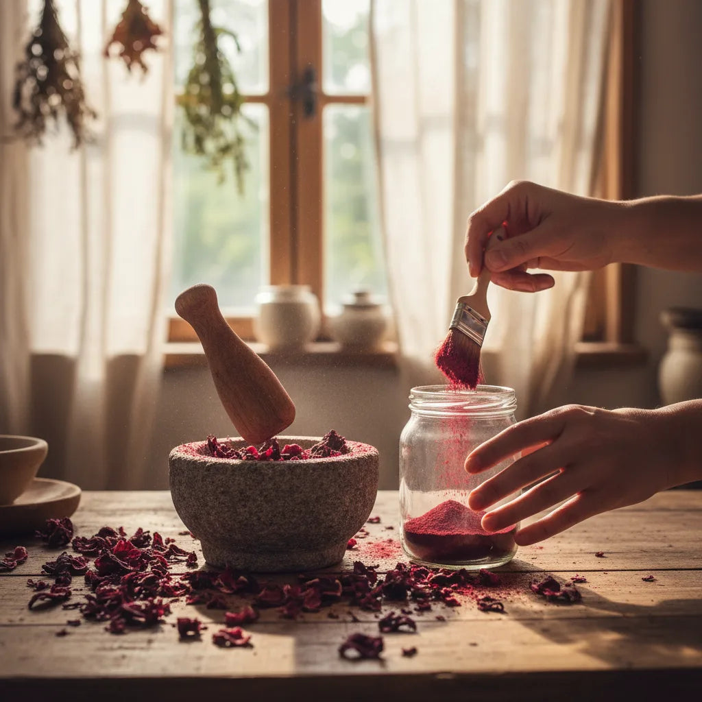 Grinding dried hibiscus petals into powder