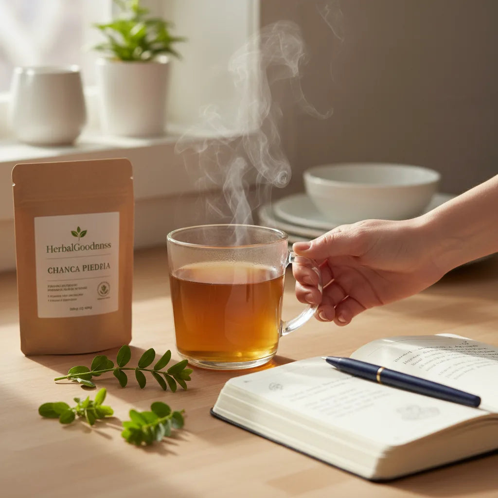 Hand reaching for chanca piedra tea