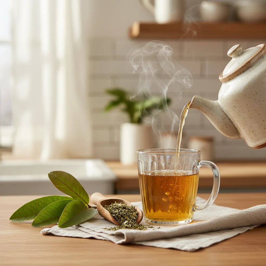 Freshly brewed guava tea in kitchen