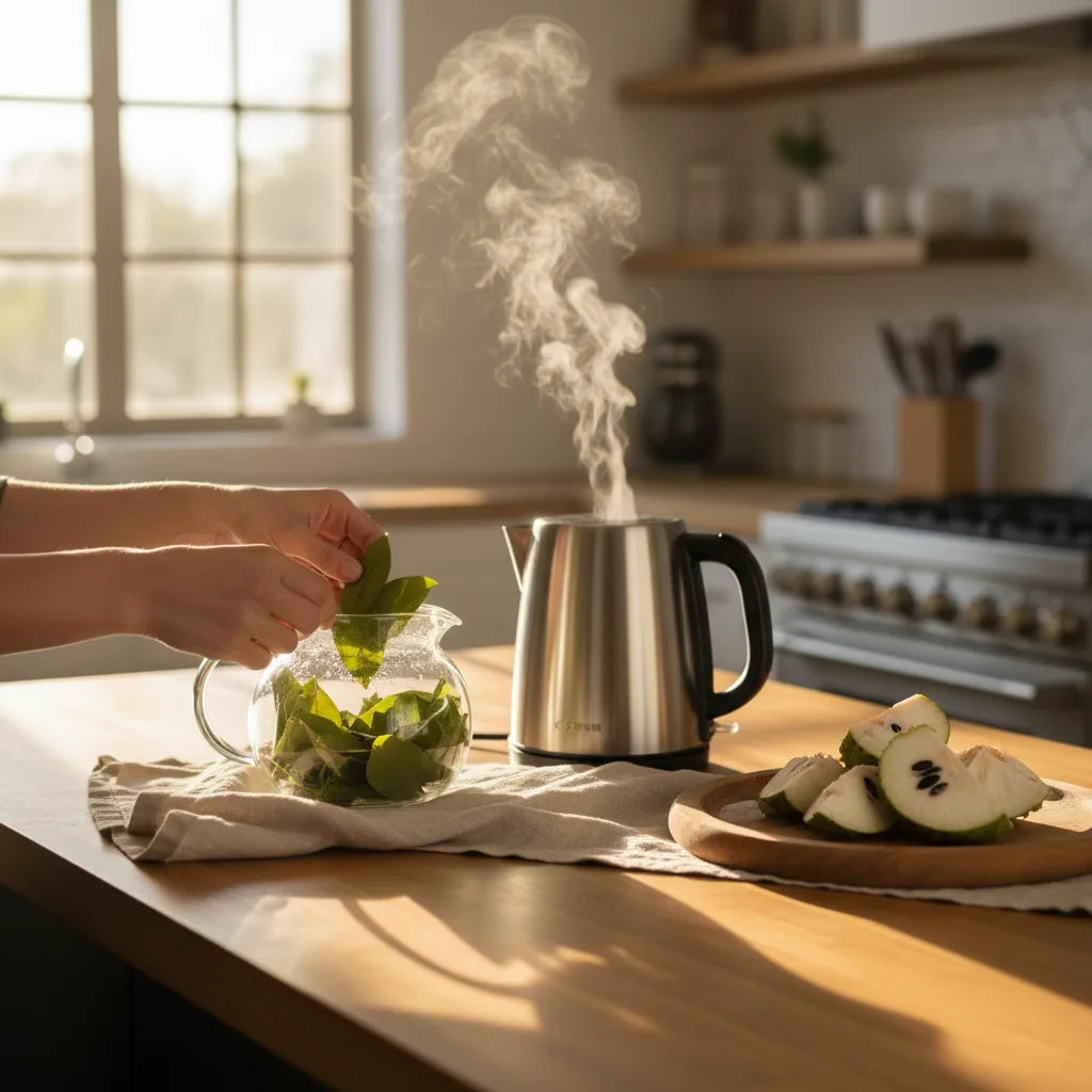 Preparing soursop leaf tea in kitchen