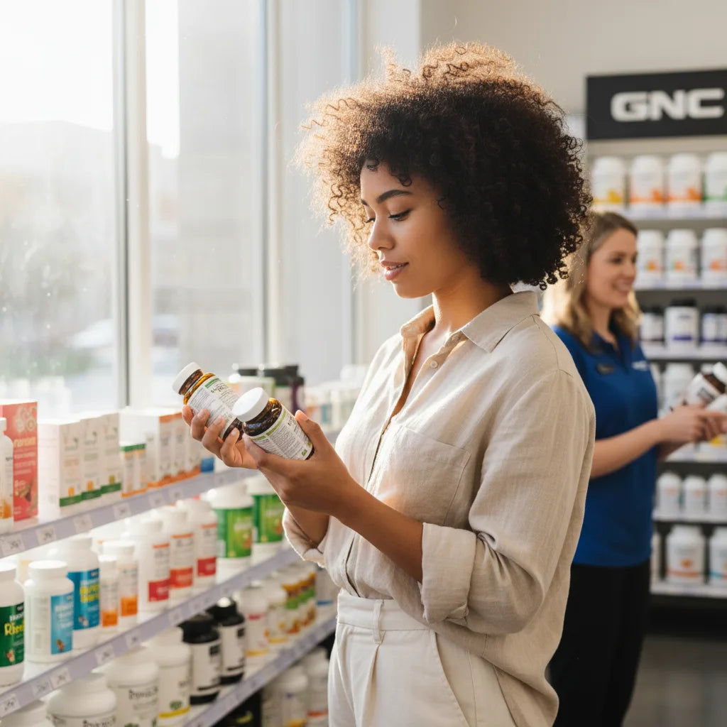 Woman comparing herbal supplements in GNC