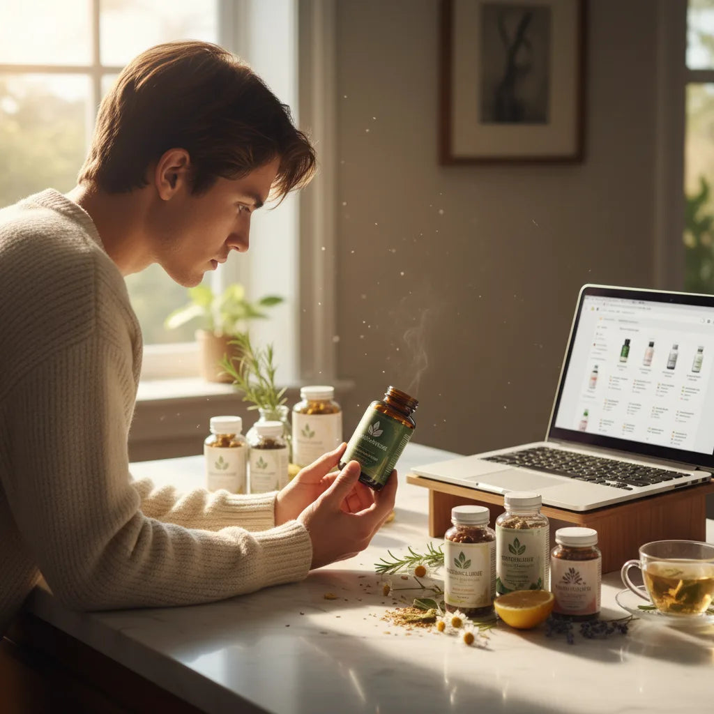 Person reading supplement label in real kitchen