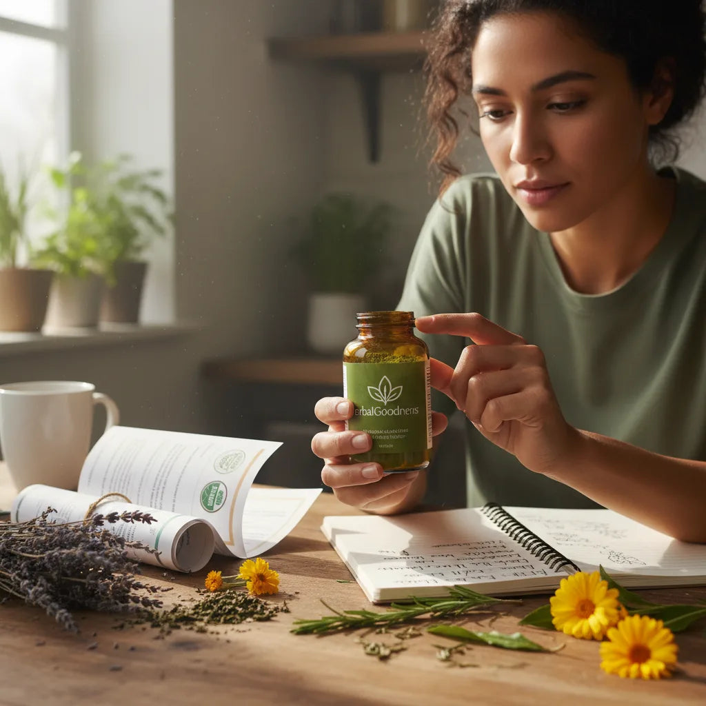 Thoughtful shopper examines supplement label at home