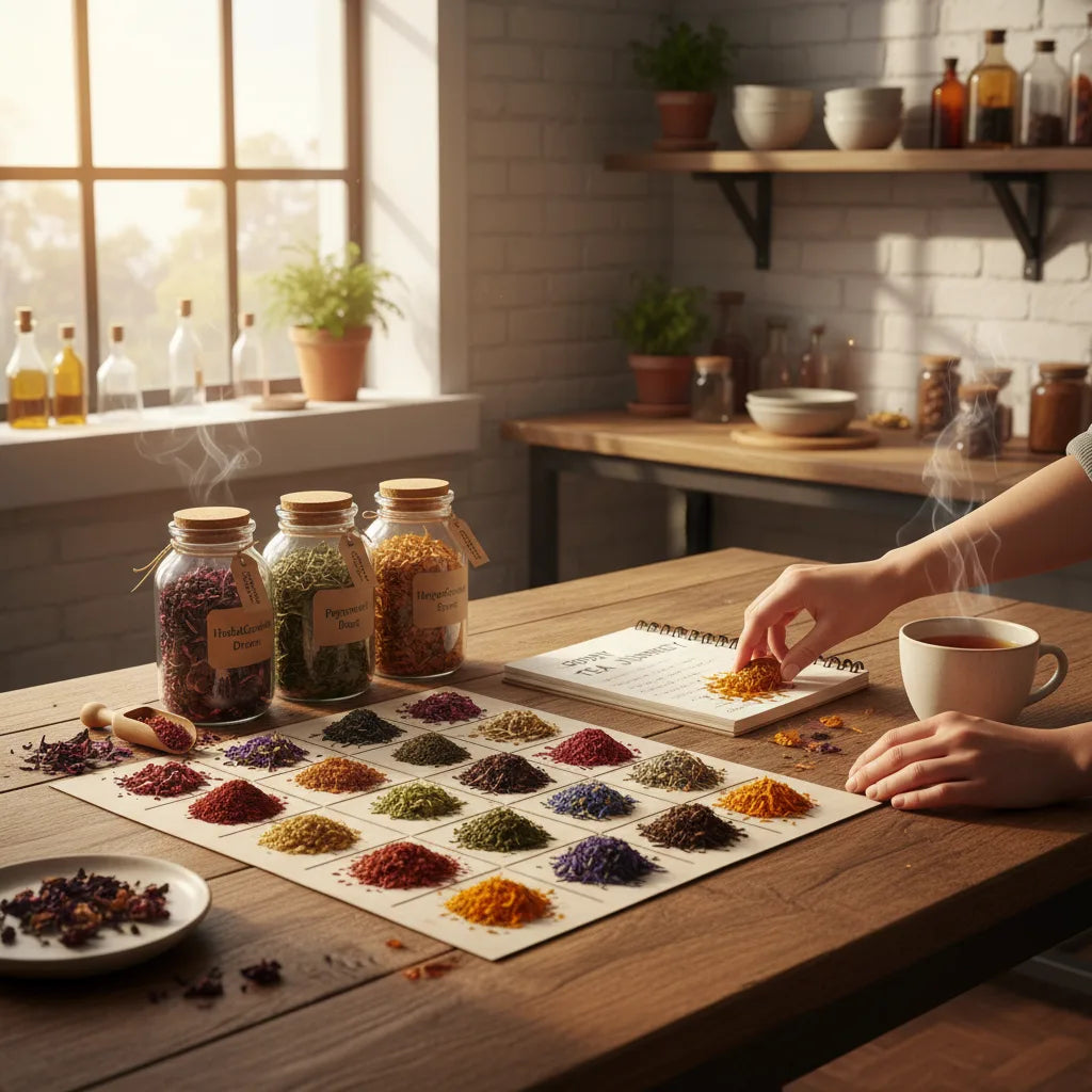 30-day tea journal and herbal teas displayed