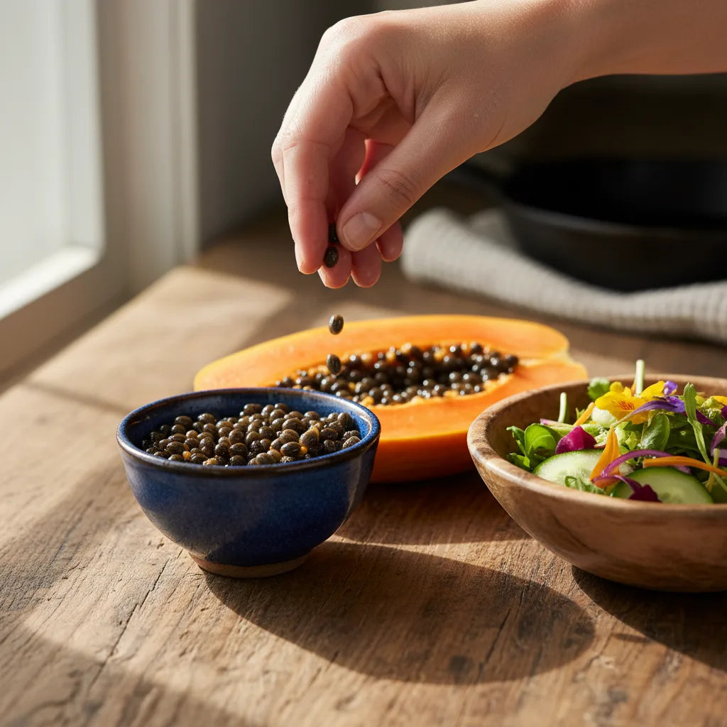 Sprinkling papaya seeds onto fresh salad